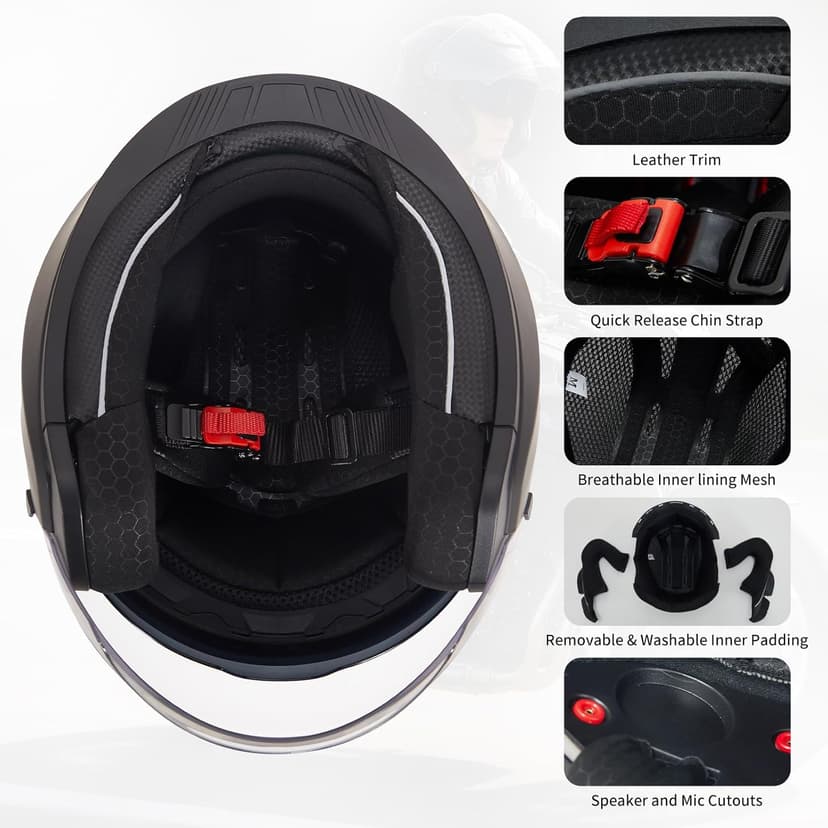 Motorcycle Helmets Open Face for Streey Moped Scooter, Dual Visor 3/4 Moped Helmets for Adults Motorbike Half Helmet 601 DOT Approved Men and Women