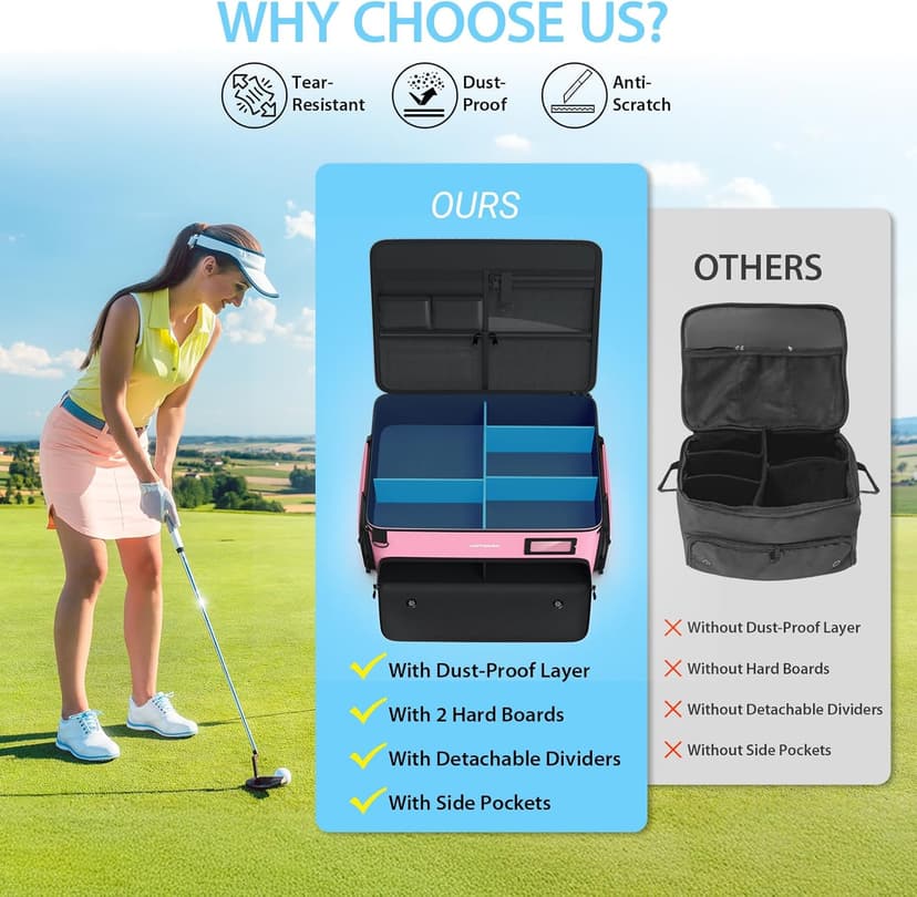 4-Layer Golf Trunk Organizer, Golfer Gifts for Women with Separate Ventilated Compartment for 2 Pairs Shoes, Waterproof Car Golf Locker Storage Bag for Golf Gear and Accessories,Pink