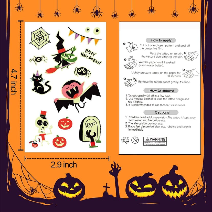 Partywind 250 Styles Glow Halloween Party Supplies, Luminous Halloween Temporary Tattoos for Kids Birthday Party Decorations Favors, Halloween Goodie Bag Fillers (24 Sheets)