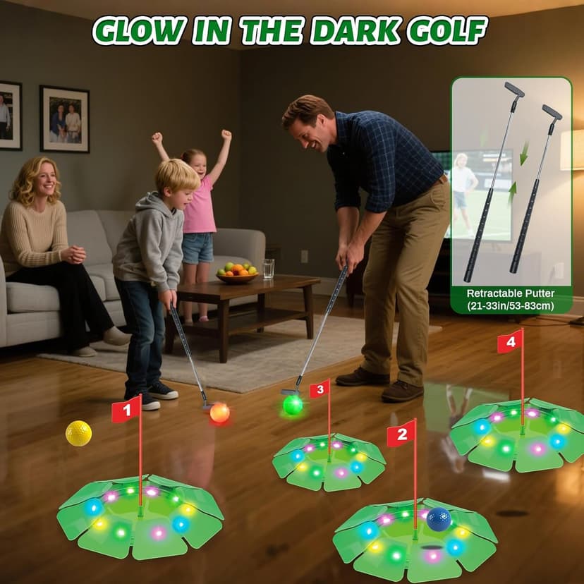 VATOS Light up Golf Putting Game Set - Glow Mini Golf Toy with 4 LED Holes, 4 Balls(2 Glow), Extendable Putter,Build Your Own Course at Home Indoor Outdoor Family Fun Golf Gifts for Kids Adults Golfer