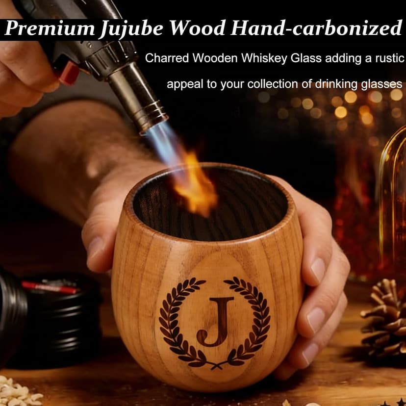 Birthday Gifts for Men Dad Husband Whiskey Glass Anniversary Groomsmen Gift, Whiskey Bourbon Gifts for Men Brother Grandpa Personalized Charred Wooden Bourbon Glass(J) B0GSFFTSFQ