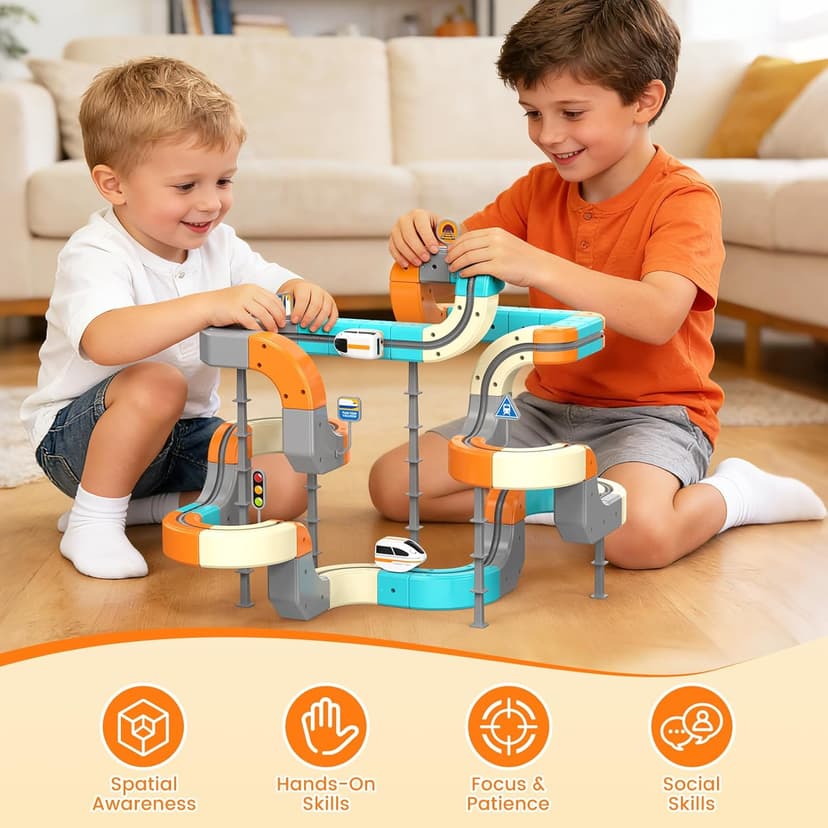 Electric Train Set 3D Flexible Race Track for Kids 3 4 5 6 7 8 Years Old, 124 Pcs Gravity-Defying Rail Building Toys with Motorized Car, STEM Learning Toy Gift for Toddlers Birthday