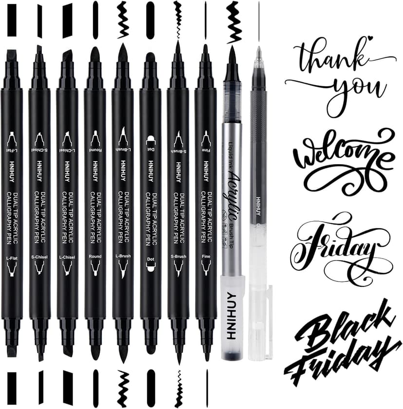 Dual Tip Black Acrylic Calligraphy Pens, 10 Size Calligraphy markes for Writing, Hand Lettering Pen for Art Drawing, Sketching, Scrapbooking, Brush Pens Calligraphy Set for Beginners