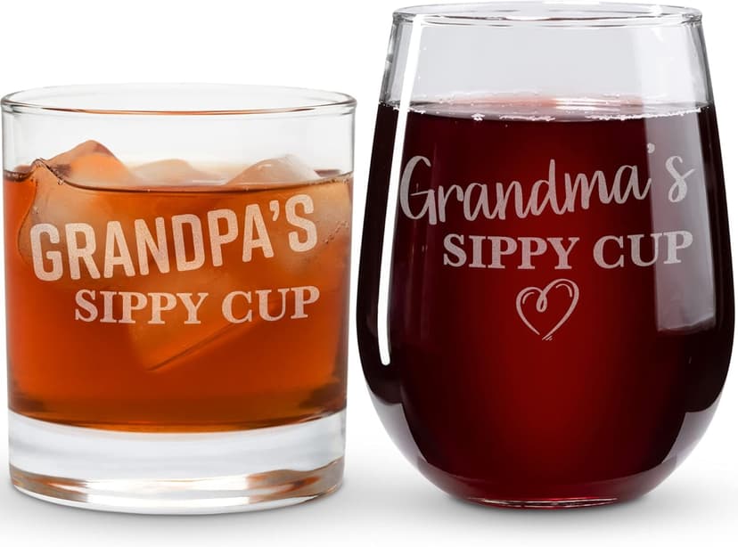 On The Rox Drinks Grandma and Grandpa Gifts - 17oz Grandma's and 11oz Grandpa's Sippy Cups, Set of 2- Gift Wine and Whiskey Glasses - Gift Ideas for First-Time Grandmother or New Grandparents