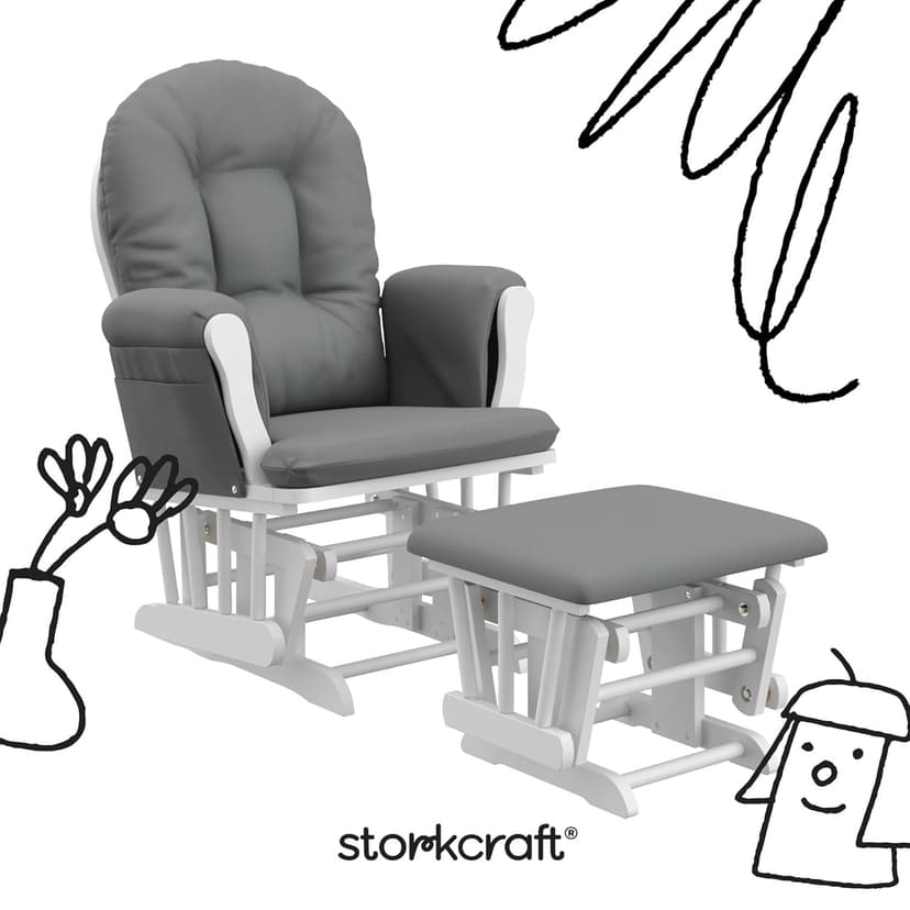 Storkcraft Premium Hoop Glider & Ottoman (White/Gray) — GREENGUARD Gold Certified Nursery Glider, Solid Wood Craftsmanship, Smooth-Gliding, Award-Winning
