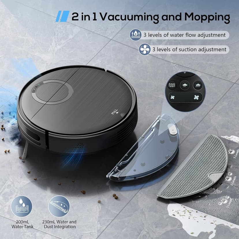 Robot Vacuum and Mop Combo, 2 in 1 Mopping Robotic Vacuum Cleaner with Schedule, Wi-Fi/App/Remote, Strong Suction, Self-Charging, Slim, Ideal for Hard Floor, Pet Hair, Low-Pile Carpet