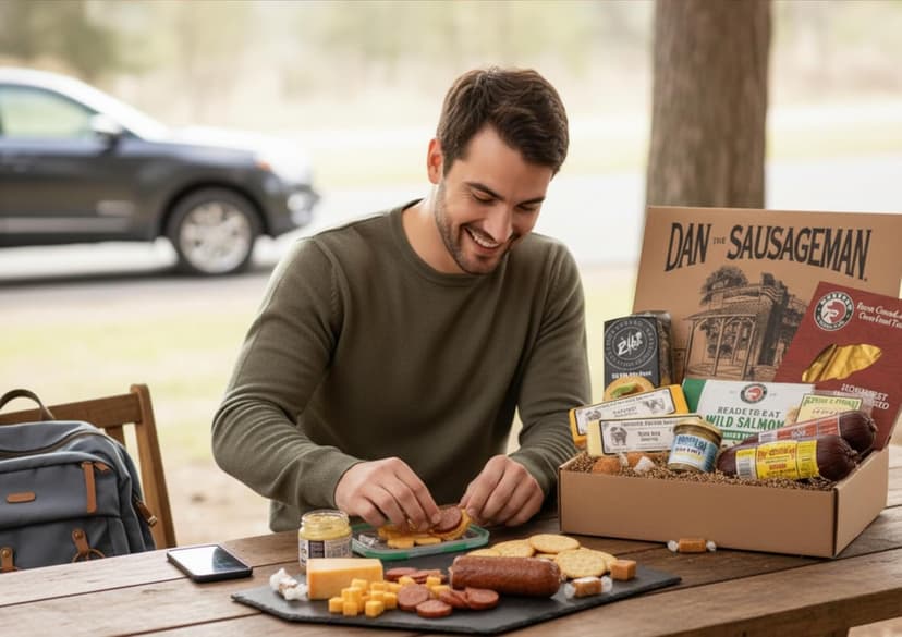 Dan the Sausageman Northwest Necessities Snack Gift Basket – Gourmet Meat & Cheese Summer Sausages, Mustard & Sweet Treats Set – 11-Items Holiday Box
