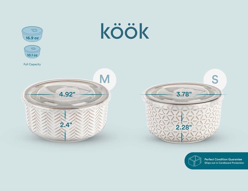 Narbonne Collection, Stackable, For Prep & Serving, 10/17/29/47 oz, Leak-Proof Lids, Steam Vent, Microwave & Dishwasher Safe KooK Ceramic Nesting Bowls with Lids, Embossed Stoneware, Set of 4, Ivory B0BJS6M86W