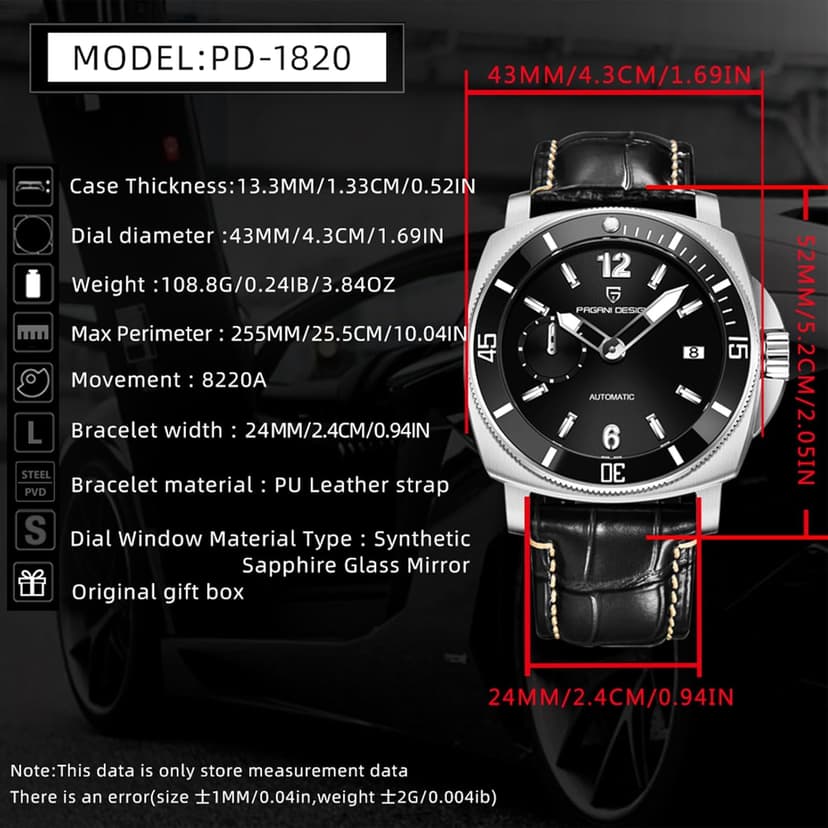 SUZAKU Pagani Design Men's Automatic Watch 43mm Stainless Steel Case Self-Winding Movement Rotating Bezel Luminous Hands 100m Water Resistance Business Casual Timepiece