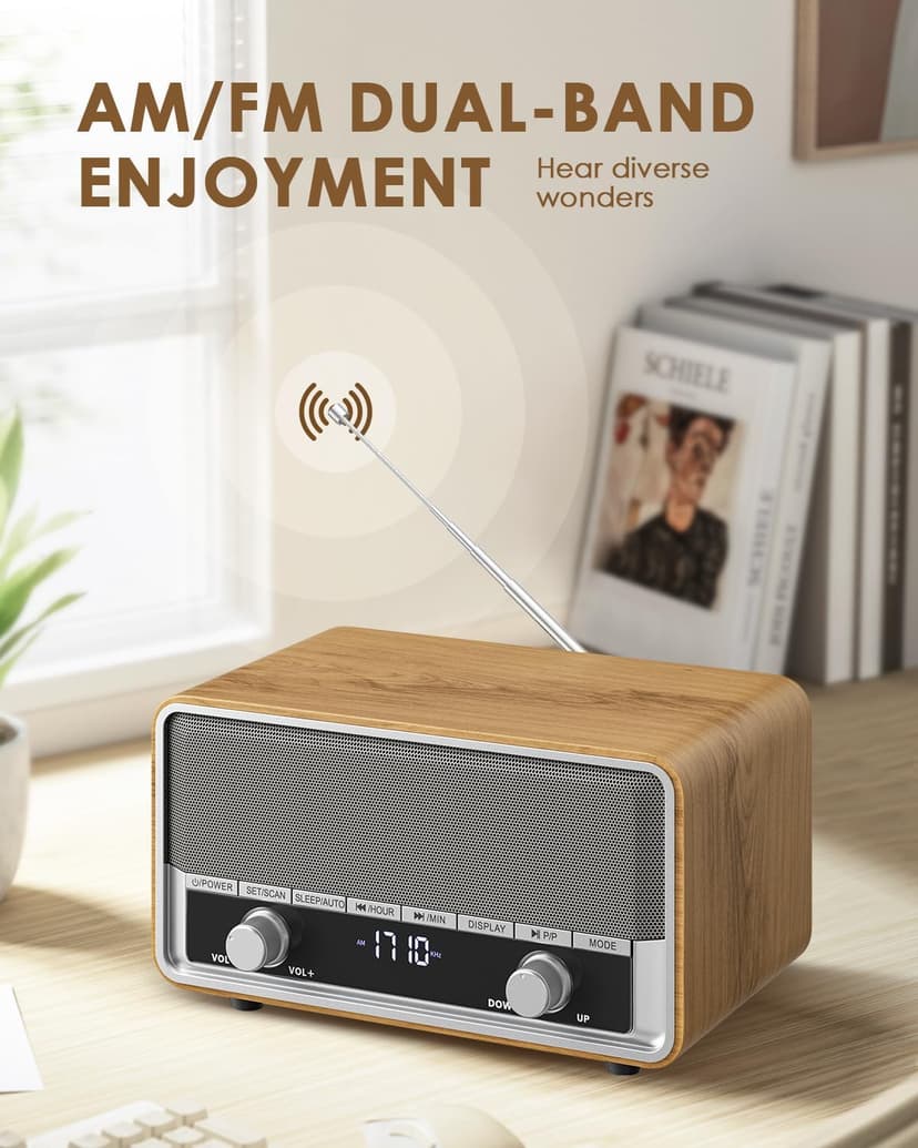 Vintage Wood AM FM Bluetooth Radio with Clock, Digital Clock Radio for Bedroom with LCD Display | 40 Presets | Sleep Timer | No Alarm, Retro Bluetooth Speaker for Office, Kitchen (Wood)