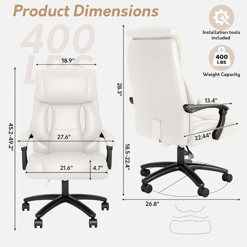 Ollega Reclining Office Chair, Executive Big and Tall Office Chair with Wide Seat, Recliner Leather High Back Computer Desk Chairs (White)