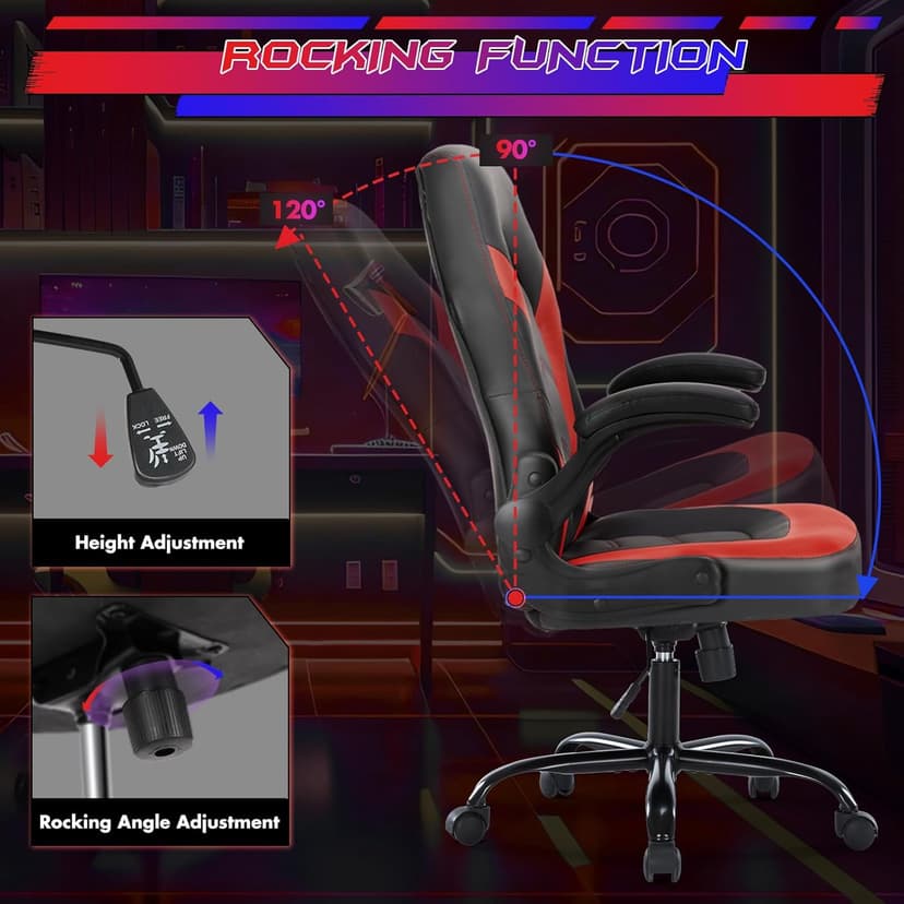 Sweetcrispy Computer Gaming Chair - PU Leather Ergonomic Lumbar Support with Flip-up Armrest and 360° Swivel Wheels, Height Adjustable Task Home Office Desk Video Racing, Red