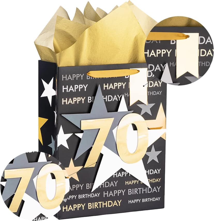 Loveinside Birthday Gift Bag with Tissue Paper and Greeting Card for 70 Birthday - 10" x 5" x 13", 1 Pcs, Black Gold