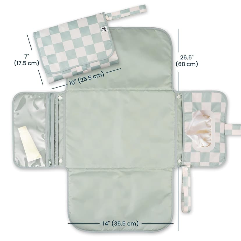 Tiny Twinkle Portable Diaper Changing Pad | Waterproof, Wipeable & Compact Baby Changing Pad for Travel | Smart Wipes Pocket & Organized Storage| Newborn Shower Gift (Sage Checkers) B0DDT2VW7T