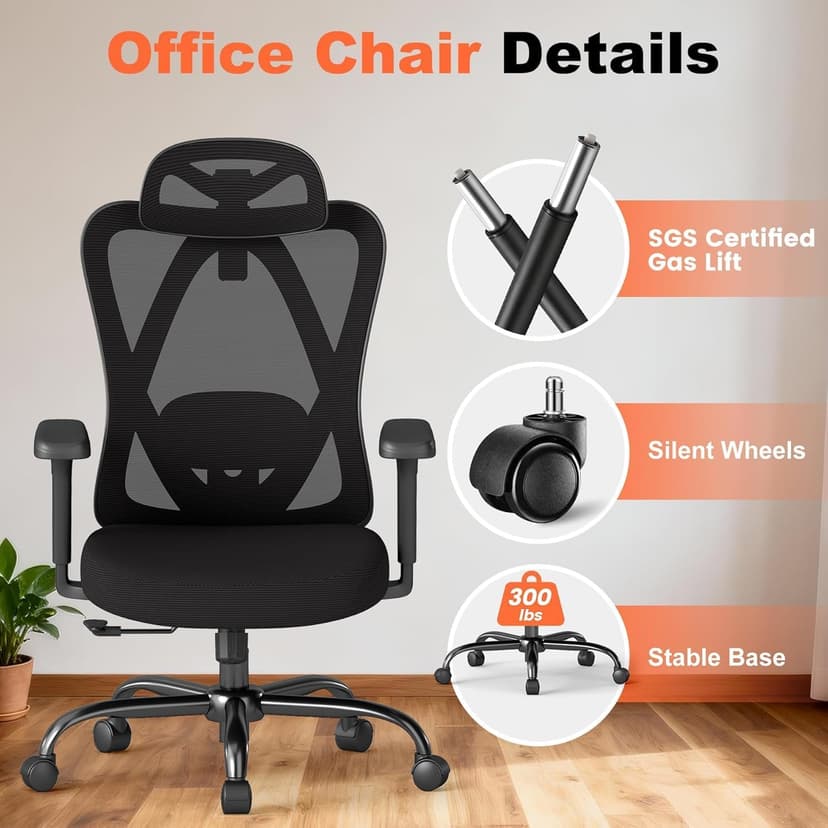 Office Chair Ergonomic Desk Chair,Adjustable Headrest Lumbar Support Computer Chair - Home Office Desk Chairs,300lbs Wide Seat Big and Tall Office Chairs with 3D Armrests, Comfy Desk Chairs (New)