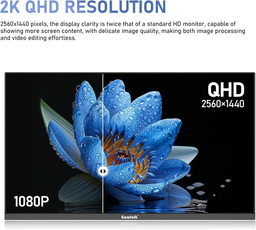 Gawfolk 27 inch IPS 2K QHD (2560×1440) Computer Monitor 75Hz Gaming PC Screen, 1ms,Adaptive Sync,100% sRGB, 1.07 Billion Colours,Built-in Speaker,Display 1.4、Port HDMI2.0, Black