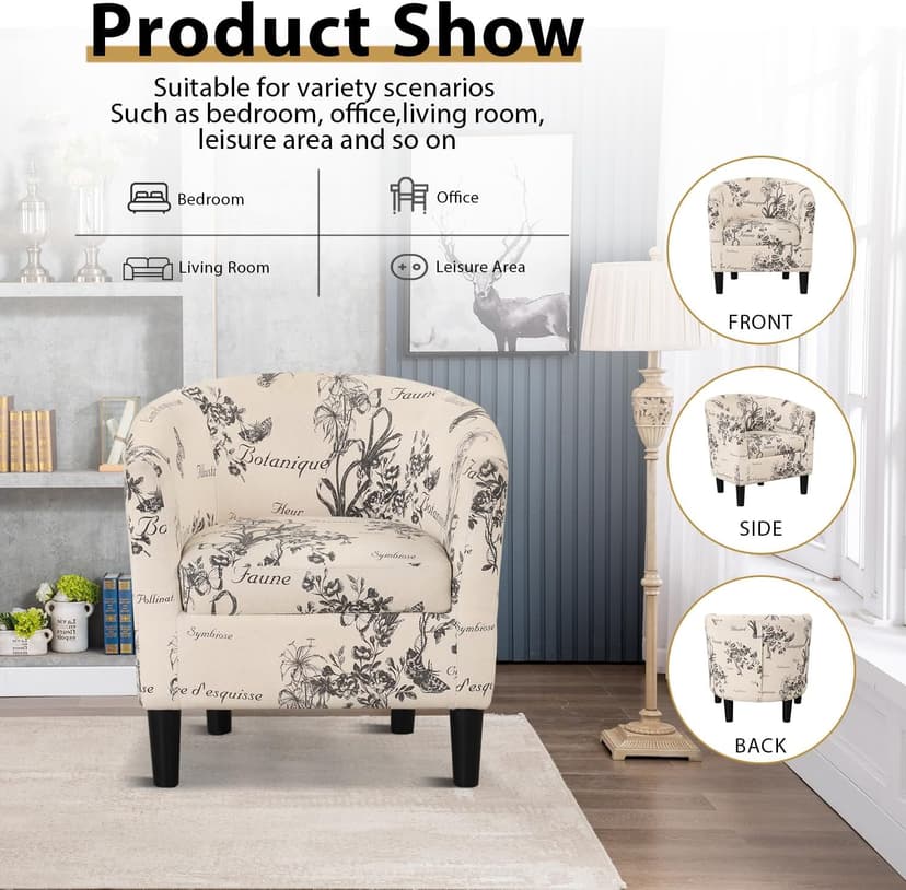 INZOY Modern Accent Chair with Ottoman for Small Space, Club Chair with Ottoman Set, Comfy Fabric Barrel Reading Chairs for Living Room Bedroom, Round Reading Chair with Foot Rest, Flower Pattern