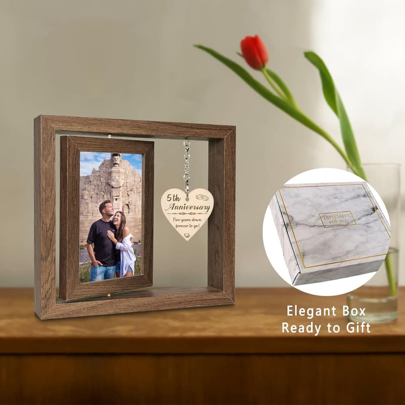 5 Year Anniversary Picture Frame Gifts for Her Him, Wood 5th Wedding Anniversary Photo Frame for Wife Men Husband, Display 2 4x6 Inch