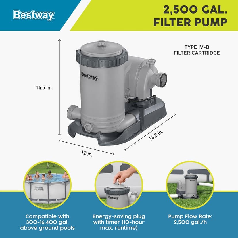 Bestway 2,500 GPH Filter Pump for Above Ground Swimming Pool with Type IV-B Cartridge, Adapter Accessories and Timer