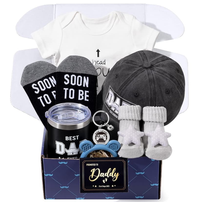 New Dad Gifts Box, 9 Pcs First Time Dad Gifts, Dad to Be Gifts for 1st Time with Tumbler Hat Onesie Socks Keychain for Baby Shower,Unique Kit for Soon to Be or Expecting Father