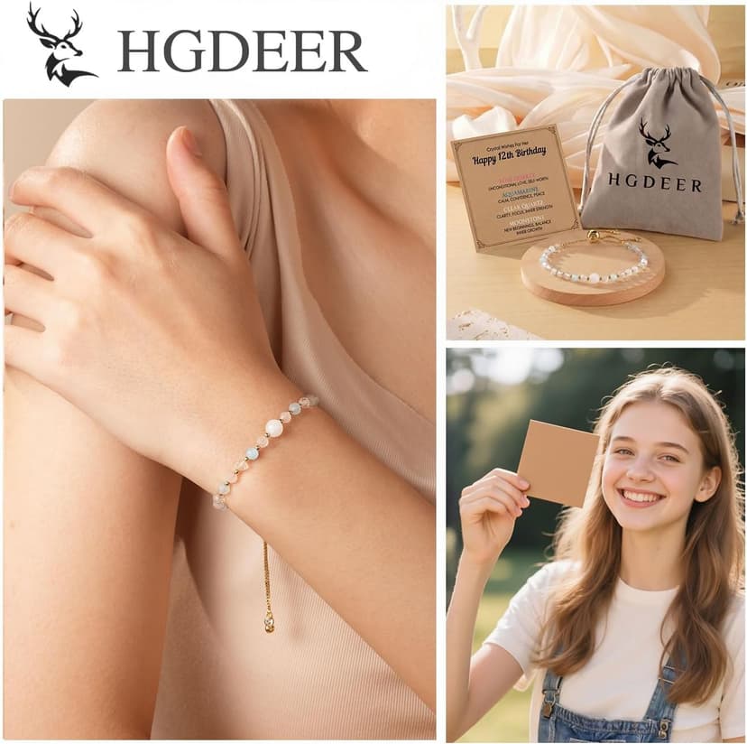 Moonstone Rose Quartz Aquamarine & Clear Quartz, Adjustable Bolo Chain, Birthday Blessing Card & Pouch for Teens Tweens HGDEER Her Milestone Birthday, Crystal Wishes Bracelet Gifts for Girls B0GR99N15M