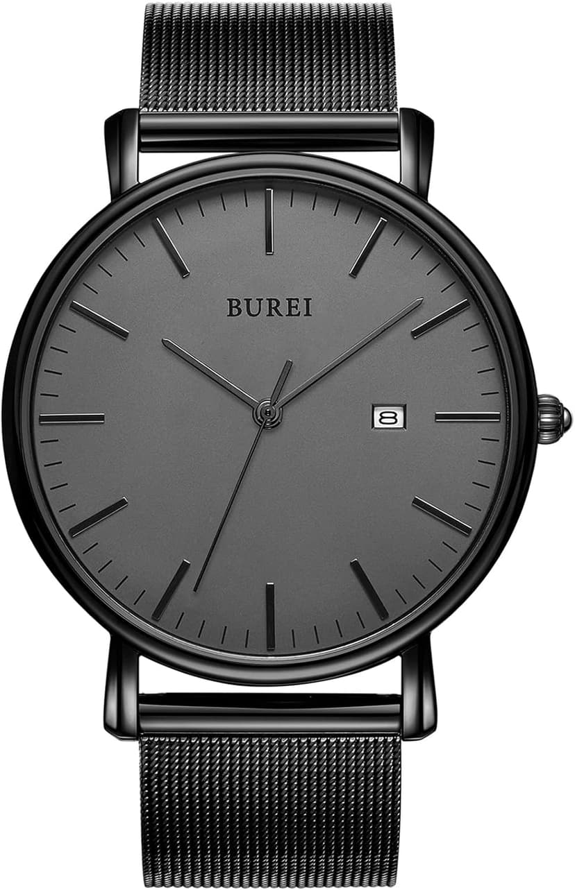 BUREI Men Watches Brown Leather Fashion Minimalist Wrist Watch Simple Ultra Thin Waterproof Quartz Watches All Black Stainless Steel Mesh Band,Gift for Men Women