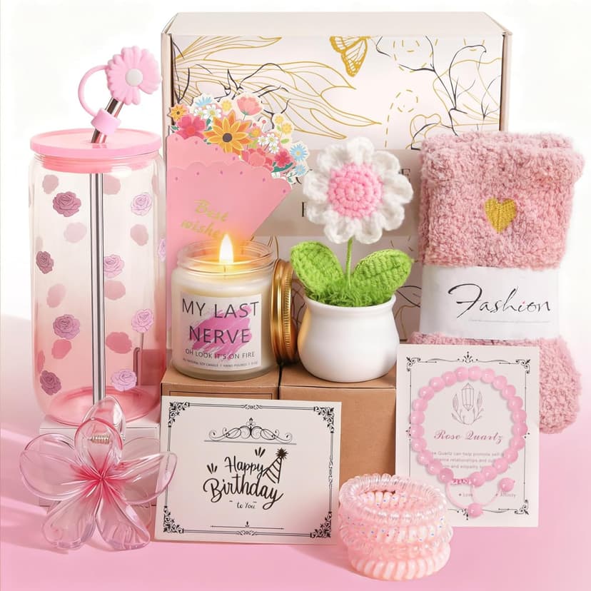 Birthday Gifts for Women, Teen Girls, Her, Unique Happy Birthday Gift Baskets for Best Friend Sister Daughter, Women Christmas Gifts Box for Girl Wife Girlfriends,14pcs Rose Gift Set(Pink)