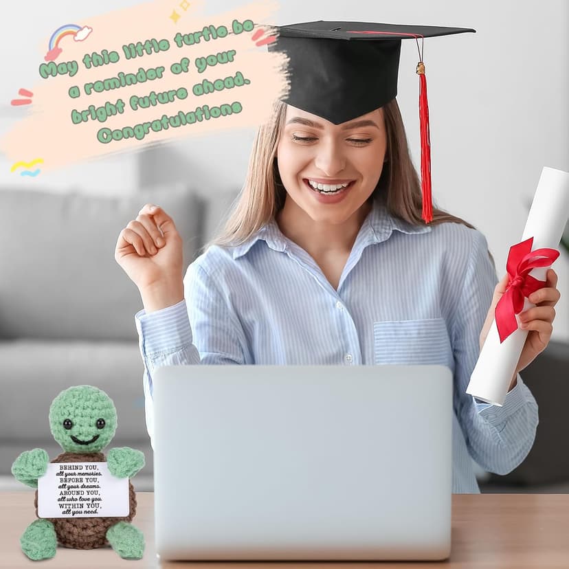 Mini Funny Turtle Graduation Gifts for Her Him College High Middle Elementary School Preschool Kindergarten Christmas Graduation Gifts, 2025 Graduates Handmade Emotional Positive Crochet Turtle