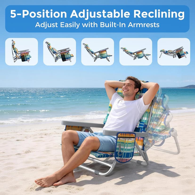 5-Position Backpack Beach Chair for Adults with Lumbar, Foldable Tall Heavy-Duty Beach Chairs with Cooler Bag,Cup Holder,Towel Rack for Beach, Camping, Outdoor (1, Rainbow)