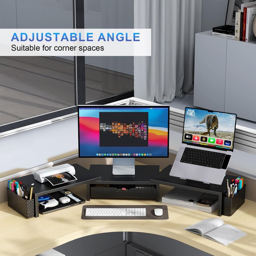 gianotter Dual Monitor Stand Riser, Desk Organizer With Drawer and 2 Pen Holders, Computer Monitor Stand, Desk Shelf for Top of Desk (Black)