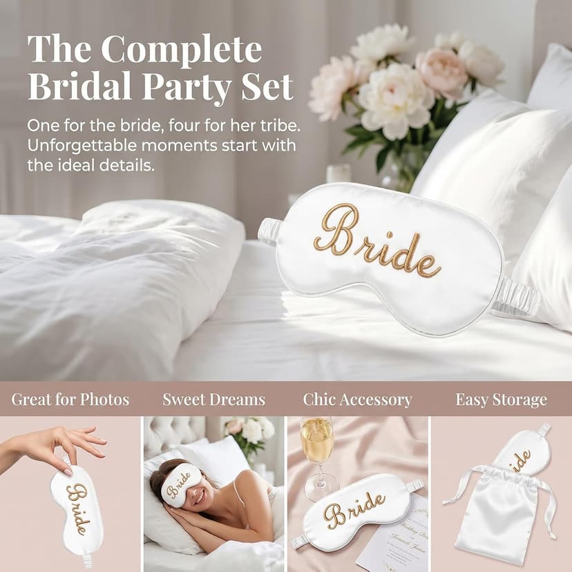 WJINGYIJIA Bridal Party Satin Sleep Mask Set, 1 Bride and 4 Bridesmaid Eye Masks, Gold Embroidered, Bachelorette Party Favors, 5 Pack (Pale Rose, One Size) B0H1G7NJB3