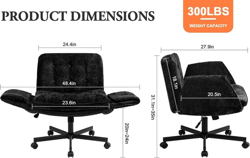 Criss Cross Chair with Wheels & Arms, Chenille Cross Legged Office Chair with 5-level Folding Armrest, Comfortable Adjustable Swivel Vanity Chair for Home, Make Up, Bed Room, Office, Accent (Black).