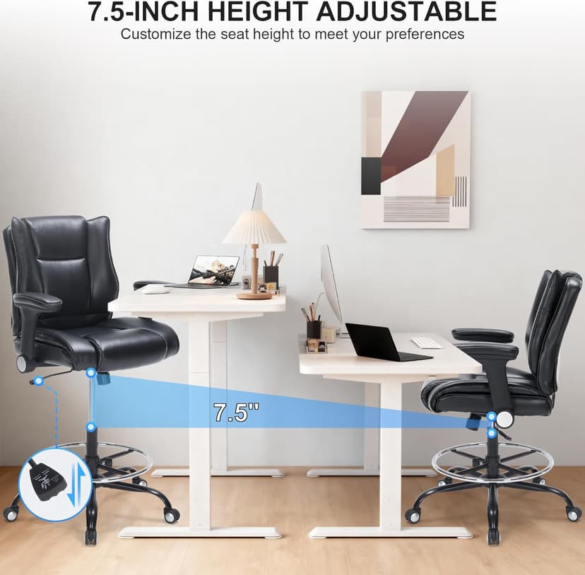Office Drafting Chair, Tall Desk Chair with Adjustable Armrests and Footrest Ring PU Leather Standing Desk Chair with Extra Thicken Seat Cushion, Comfy High Office Chair for Counter Height Desk, Black