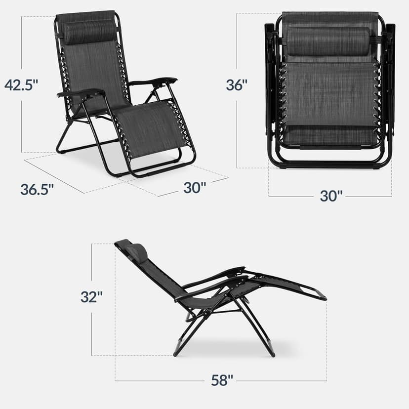 Best Choice Products Set of 2 Extra Wide Adjustable Steel Mesh Zero Gravity Lounge Chair Recliners w/Pillows and Cup Holder Trays - Gray