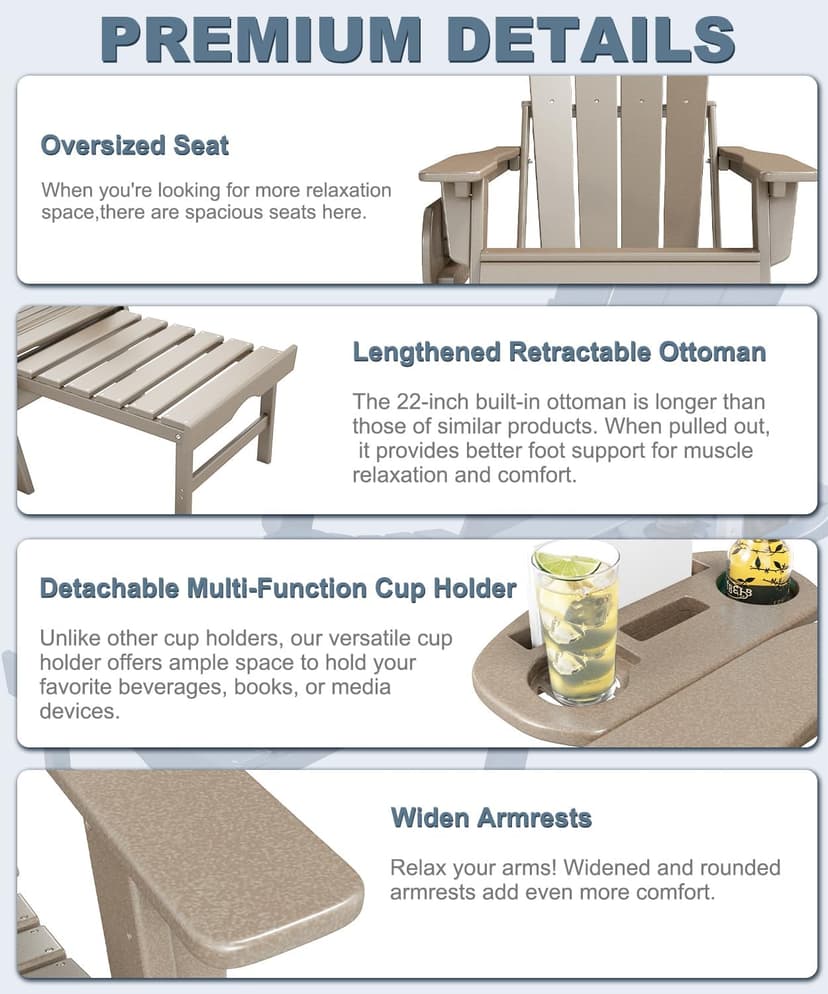 NAVINE Adjustable Adirondack Chair with Retractable Ottoman Set of 2, HDPE Folding Adirondack Chair with Cup Holder, All Weather Fire Pit Chair for Outdoor.