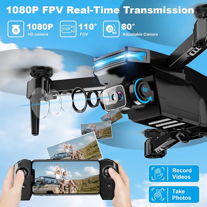 Drone with 1080P Camera - Foldable Remote Control Quadcopter with Gesture Control, 3D Flip, One Key Start, Emergency Stop, 2 Batteries, Easier to use, Toy for Adults Beginners, Black