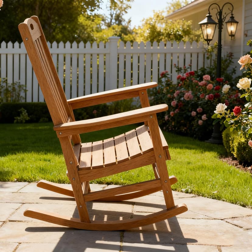 Rocking Chair Indoor Oversized Wooden Slatted Porch Rocker for Outdoor All Weather Lounge Garden Chair Comfortable Seating for Patio Deck Backyard Lawn Fire Pit, Wide Seat and High Back, Teak