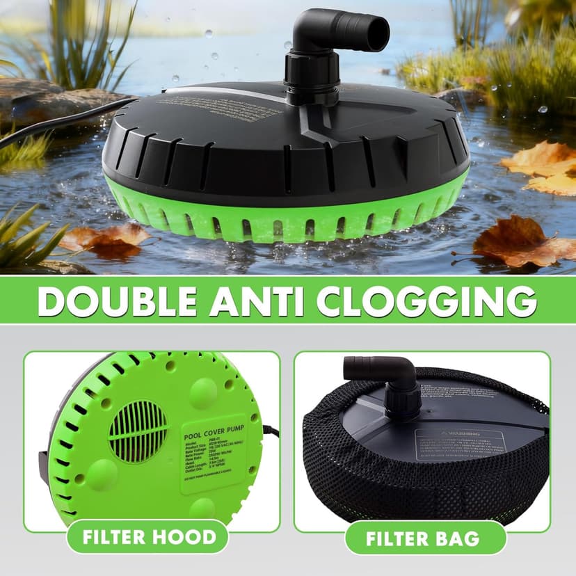 Automatic Pool Cover Pump, 1500GPH Submersible Sump Pump for Pool Draining, 25FT Power Cord, 2 Adapters, Available for Swimming Pool Covers, Swimming Pools, Fish Tanks, Ponds, Green