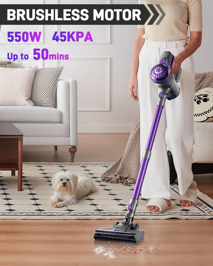 Cordless Vacuum Cleaner, Lightweight Stick Vacuum for Home, Handheld Cordless Vacuum for Hardwood Floor, Carpet & Pet Hair, Powerful Suction, Self-Standing, Purple