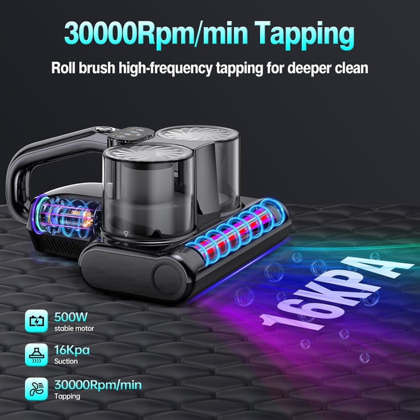 Mattress Vacuum Cleaner 5 in 1 Bed Vacuum Cleaner with 16Kpa Suction 253.7nm UV-C Light, HEPA Filtration, Ultrasonic, High Heating, 30000Rpm/Min Rotation , Replacement Filter Included, 500W, Corded