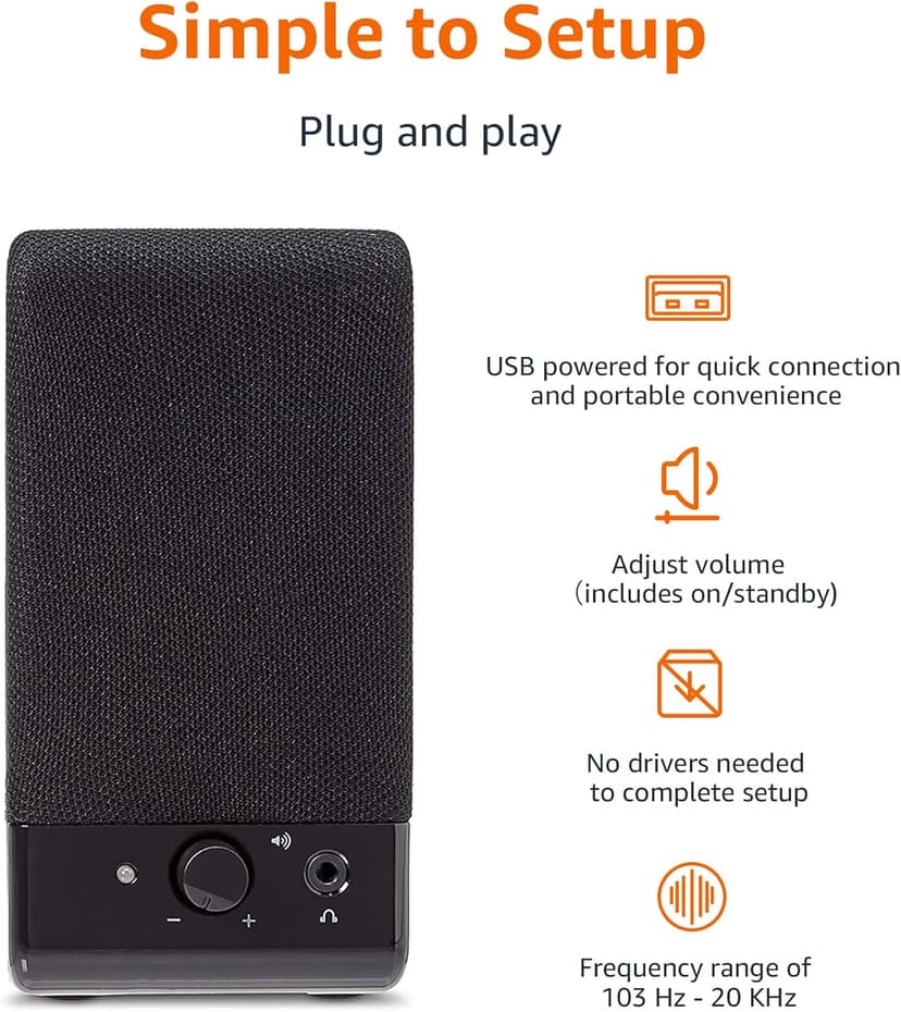 Amazon Basics USB-Powered Computer Speakers with Volume Control for Desktop or Laptop PC, Compact Size, Headphone Jack, Portable, Plug-N-Play, Black