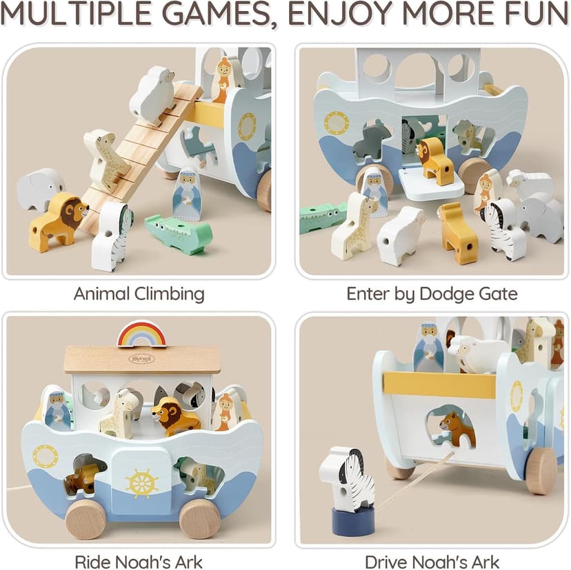 Neutral Color, Montessori Educational Toy, Animal Shape Sorter, Christian Toys for Toddler 1-3, Christmas Birthday Gift Joyreal Wooden Noah's Ark Toy for 1 Year Old Baby Boy and Girl Baptism Gift B0F3XF1SH8