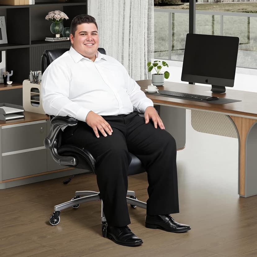 MALOL 300lbs Ergonomic PU Leather Office Chairs, High-Back y Home Computer Executive Chair with Lumbar Support and Flip-Up Arms, Black