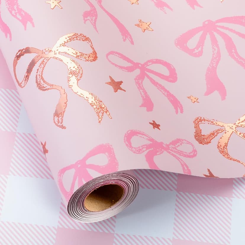 Reversible Plaid Gift Paper for Girl Baby Shower, Birthday, Wedding, Bridal Shower, Memorial Day, 17 Inch x 33 Feet MAYPLUSS Pink Wrapping Paper Roll, Cute Bow Gift Wrap B0DXV62X5W