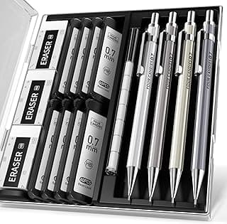 Four Candies 0.7mm Mechanical Pencil Set with Case - 4PCS Metal Mechanical Pencils, 8 Tubes HB #2 Lead Refills, 3PCS 4B Erasers and 9PCS Eraser Refills, Lead Mechanical Pencils for Writing & Drawing