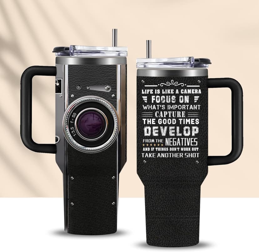 Photographer Gifts for Women Men Tumbler with Handle Straws 40oz Photography Lovers Camera Lens Coffee Cup Mugs, Cool Photographers Birthday Christmas Gifts