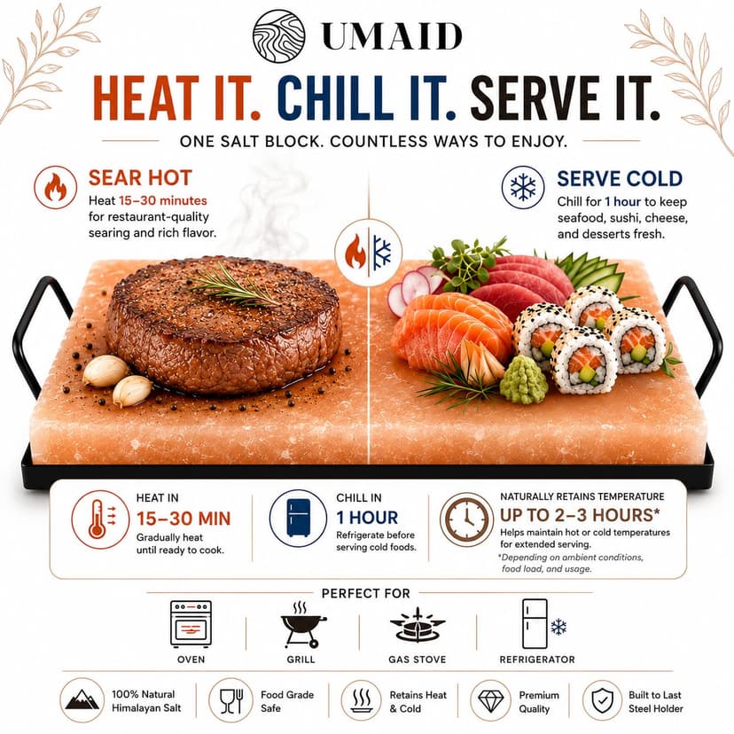 UMAID Himalayan Salt Block Cooking Plate 12x8x1.5 – Food Grade Pink Himalayan Salt Stone for Cooking, Grilling, Serving & Cutting – Includes Steel Tray & Grilling Recipe Booklet – Unique Gifts for Men & Women B07BB6HWT6