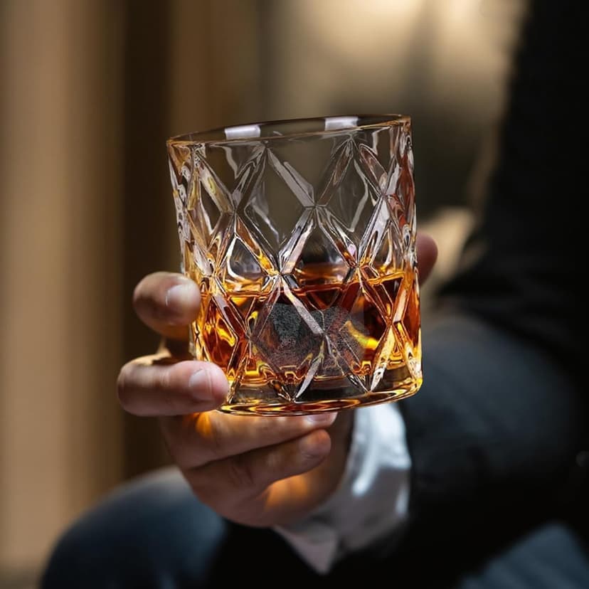 Whiskey Stones Gift Set - Bourbon Stones Gift for Men - 4 Granite Chilling Whiskey Rocks - Whiskey Glass and Stones Set - Drinking Gifts for Men Dad Husband Birthday Father's Day Groomsmen Gifts