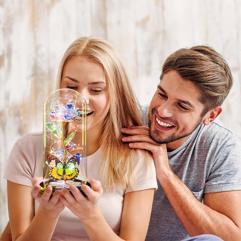 Birthday Gifts for Women Mom, Galaxy Glass Rose Forever Eternal Crystal Flower Light Up Rose in Glass Dome with Butterfly Mothers Day Christmas Rose Gifts for Her Wife Daughter Friends Colorful