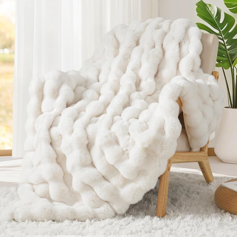 Touchat Luxury 1000GSM Faux Rabbit Fur Throw Blanket, Super Heavy Warm Cozy Blankets for Couch Bed Sofa, Bubble Plush Fuzzy Elegant Soft Reversible Mink Blanket for Living Room Bedroom, Cream White